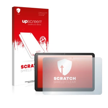 Face avant d’un emballage produit avec le logo de la marque upscreen. À côté, l’appareil Doro Tablet 10.4