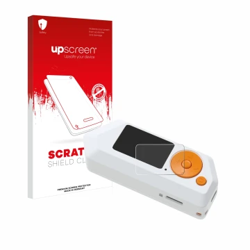 Face avant d’un emballage produit avec le logo de la marque upscreen. À côté, l’appareil Flipper Zero FZ.1 est représenté avec