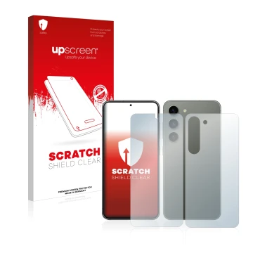 Face avant d’un emballage produit avec le logo de la marque upscreen. À côté, l’appareil Samsung Galaxy S23 (Avant+Arrière) es
