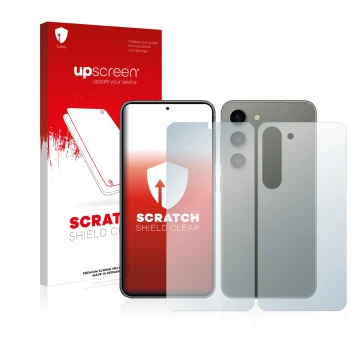 Face avant d’un emballage produit avec le logo de la marque upscreen. À côté, l’appareil Samsung Galaxy S23 Plus (Avant+Arrièr