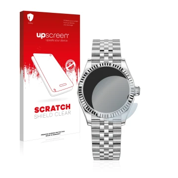 Face avant d’un emballage produit avec le logo de la marque upscreen. À côté, l’appareil Rolex Datejust 31 est représenté avec