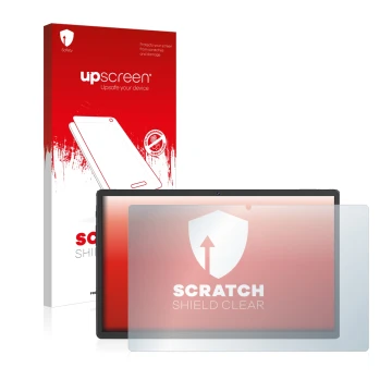 Face avant d’un emballage produit avec le logo de la marque upscreen. À côté, l’appareil Sebbe Facetel Tablet Q10 est représen