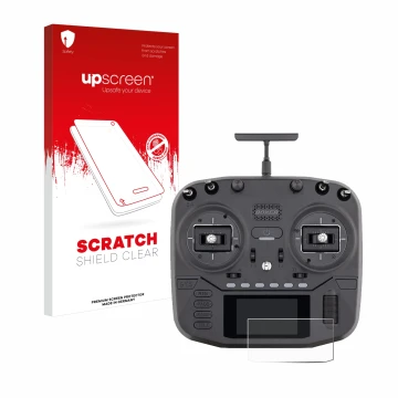 Face avant d’un emballage produit avec le logo de la marque upscreen. À côté, l’appareil Radiomaster Boxer est représenté avec