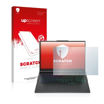 Face avant d’un emballage produit avec le logo de la marque upscreen. À côté, l’appareil Lenovo Legion Pro 7 16