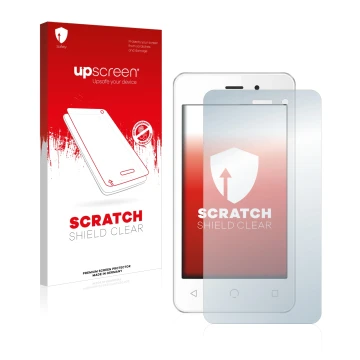 Face avant d’un emballage produit avec le logo de la marque upscreen. À côté, l’appareil NUU Mobile A1 est représenté avec la 