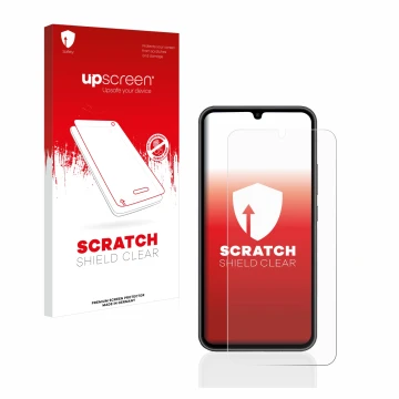 Face avant d’un emballage produit avec le logo de la marque upscreen. À côté, l’appareil Samsung Galaxy A34 5G est représenté 