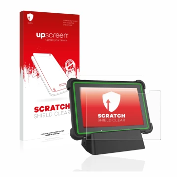 Face avant d’un emballage produit avec le logo de la marque upscreen. À côté, l’appareil Hella Gutmann Mega Macs X (tablet) es