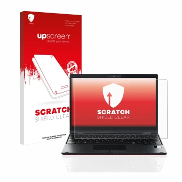 Face avant d’un emballage produit avec le logo de la marque upscreen. À côté, l’appareil Fujitsu Lifebook U9311X est représent
