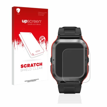 Face avant d’un emballage produit avec le logo de la marque upscreen. À côté, l’appareil Kospet Tank M2 est représenté avec la