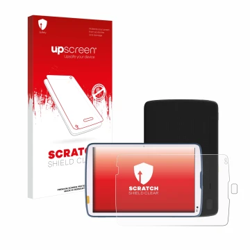 Face avant d’un emballage produit avec le logo de la marque upscreen. À côté, l’appareil Zebra ET45 10.1
