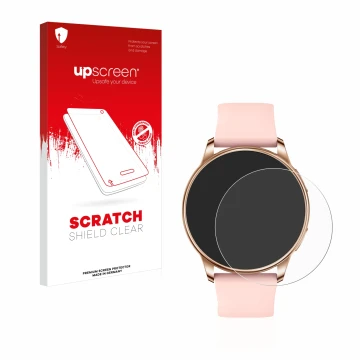 Face avant d’un emballage produit avec le logo de la marque upscreen. À côté, l’appareil Levowatch F2 est représenté avec la p