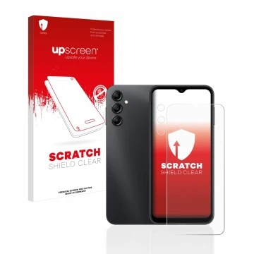 Face avant d’un emballage produit avec le logo de la marque upscreen. À côté, l’appareil Samsung Galaxy A14 4G (Avant+Caméra) 