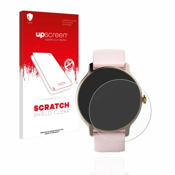 Face avant d’un emballage produit avec le logo de la marque upscreen. À côté, l’appareil Hama Fit Watch 4910 est représenté av