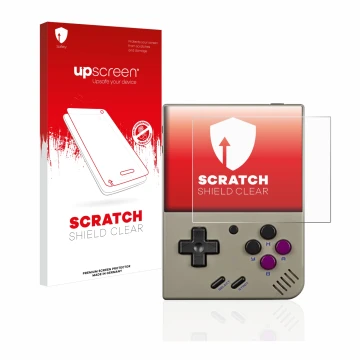 Face avant d’un emballage produit avec le logo de la marque upscreen. À côté, l’appareil Miyoo Mini Plus est représenté avec l