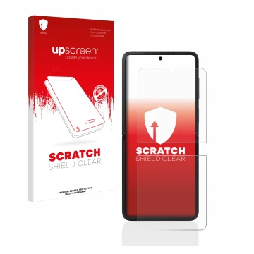 Face avant d’un emballage produit avec le logo de la marque upscreen. À côté, l’appareil Oppo Find N2 Flip est représenté avec