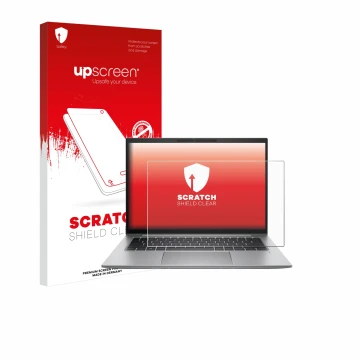 Face avant d’un emballage produit avec le logo de la marque upscreen. À côté, l’appareil HP Zbook Firefly 14 G9 est représenté