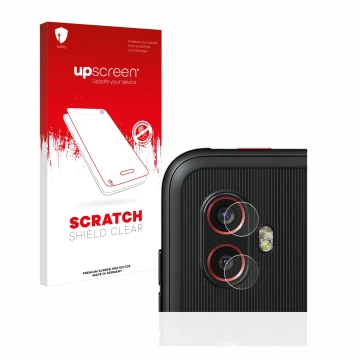 Face avant d’un emballage produit avec le logo de la marque upscreen. À côté, l’appareil Samsung Galaxy XCover 6 Pro Enterpris