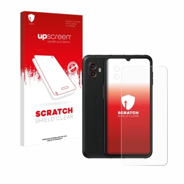 Face avant d’un emballage produit avec le logo de la marque upscreen. À côté, l’appareil Samsung Galaxy XCover 6 Pro Enterpris