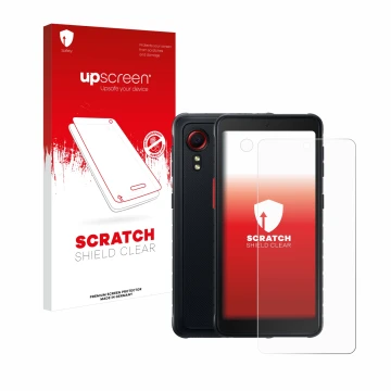 Face avant d’un emballage produit avec le logo de la marque upscreen. À côté, l’appareil Samsung Galaxy XCover 5 Enterprise Ed