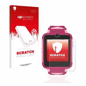 Face avant d’un emballage produit avec le logo de la marque upscreen. À côté, l’appareil TCL Movetime Family Watch MT42X est r