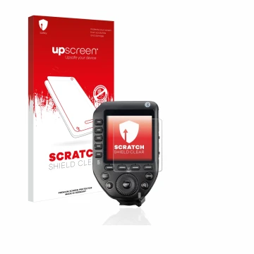 Face avant d’un emballage produit avec le logo de la marque upscreen. À côté, l’appareil Godox XPro II est représenté avec la 