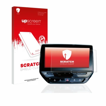 Face avant d’un emballage produit avec le logo de la marque upscreen. À côté, l’appareil Volkswagen ID.4 Discover Pro 12
