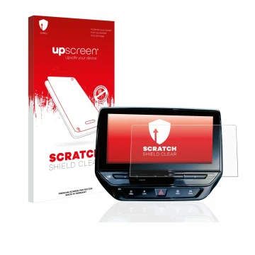 Face avant d’un emballage produit avec le logo de la marque upscreen. À côté, l’appareil Volkswagen ID.5 Discover Pro 12