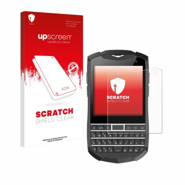 Face avant d’un emballage produit avec le logo de la marque upscreen. À côté, l’appareil Unihertz Titan Pocket est représenté 