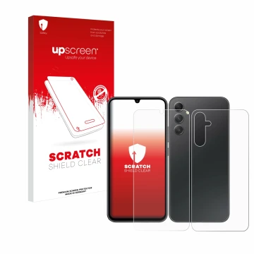 Face avant d’un emballage produit avec le logo de la marque upscreen. À côté, l’appareil Samsung Galaxy A34 5G (Avant+Arrière)