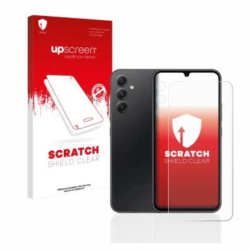 Face avant d’un emballage produit avec le logo de la marque upscreen. À côté, l’appareil Samsung Galaxy A34 5G (Avant+Caméra) 