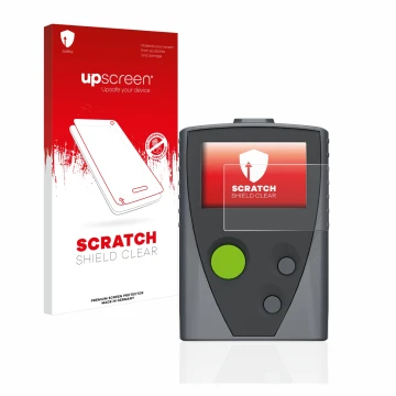 Face avant d’un emballage produit avec le logo de la marque upscreen. À côté, l’appareil Swissphone Boss 915 est représenté av