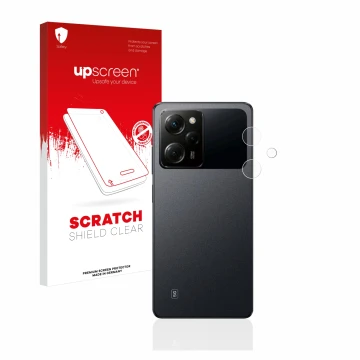 Face avant d’un emballage produit avec le logo de la marque upscreen. À côté, l’appareil Xiaomi Poco X5 Pro (Caméra UNIQUEMENT