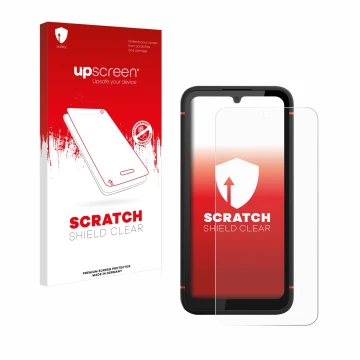 Face avant d’un emballage produit avec le logo de la marque upscreen. À côté, l’appareil Gigaset GX4 est représenté avec la pr