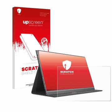 Face avant d’un emballage produit avec le logo de la marque upscreen. À côté, l’appareil Arzopa ‎S1 Table 15.6