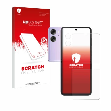 Face avant d’un emballage produit avec le logo de la marque upscreen. À côté, l’appareil Oppo Find N2 Flip (Avant+Caméra) est 