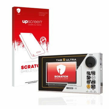 Face avant d’un emballage produit avec le logo de la marque upscreen. À côté, l’appareil Rover TAB 5 ULTRA est représenté avec