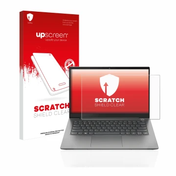 Face avant d’un emballage produit avec le logo de la marque upscreen. À côté, l’appareil Lenovo ThinkBook 14 Gen 4 est représe