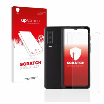 Face avant d’un emballage produit avec le logo de la marque upscreen. À côté, l’appareil Caterpillar Cat S75 (Avant+Caméra) es