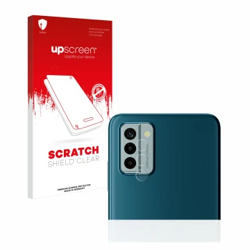 Face avant d’un emballage produit avec le logo de la marque upscreen. À côté, l’appareil Nokia G22 (Caméra UNIQUEMENT) est rep