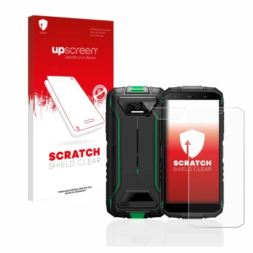 Face avant d’un emballage produit avec le logo de la marque upscreen. À côté, l’appareil Doogee S41 Pro (Avant+Caméra) est rep