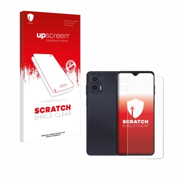 Face avant d’un emballage produit avec le logo de la marque upscreen. À côté, l’appareil Motorola Moto G73 5G (Avant+Caméra) e