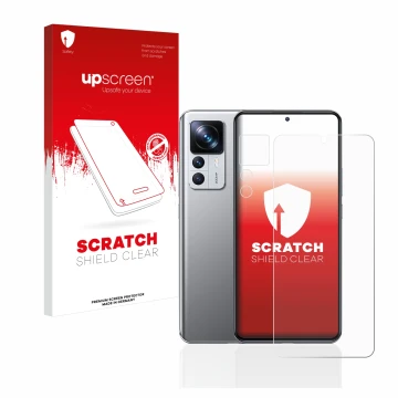 Face avant d’un emballage produit avec le logo de la marque upscreen. À côté, l’appareil Xiaomi 12T Pro (Avant+Caméra) est rep