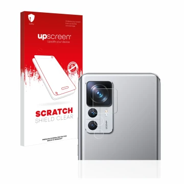 Face avant d’un emballage produit avec le logo de la marque upscreen. À côté, l’appareil Xiaomi 12T Pro (Caméra UNIQUEMENT) es