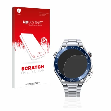 Face avant d’un emballage produit avec le logo de la marque upscreen. À côté, l’appareil Huawei Watch Ultimate (48.5 mm) est r