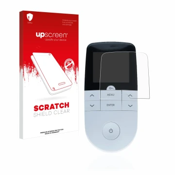 Face avant d’un emballage produit avec le logo de la marque upscreen. À côté, l’appareil Beurer EM 49 Digital TENS/EMS est rep