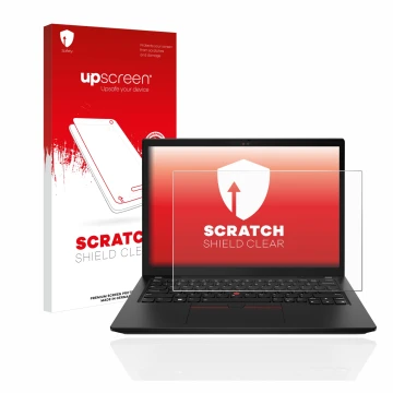 Face avant d’un emballage produit avec le logo de la marque upscreen. À côté, l’appareil Lenovo ThinkPad X13 Gen 3 est représe