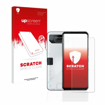 Face avant d’un emballage produit avec le logo de la marque upscreen. À côté, l’appareil ASUS ROG Phone 7 (Avant+Caméra) est r