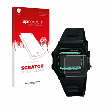 Face avant d’un emballage produit avec le logo de la marque upscreen. À côté, l’appareil Casio W-86-1VQES est représenté avec 