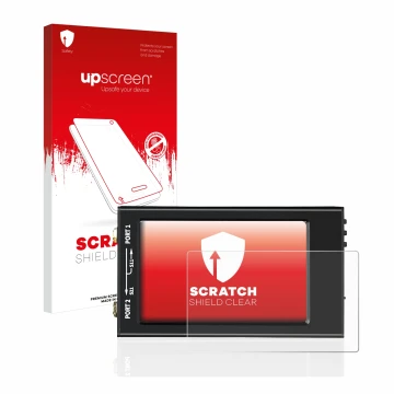 Face avant d’un emballage produit avec le logo de la marque upscreen. À côté, l’appareil SDRGEEK NanoVNA-F V2 est représenté a