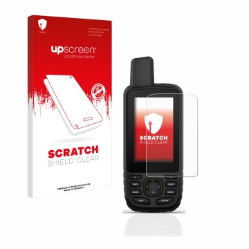 Face avant d’un emballage produit avec le logo de la marque upscreen. À côté, l’appareil Garmin GPSMAP 67 est représenté avec 